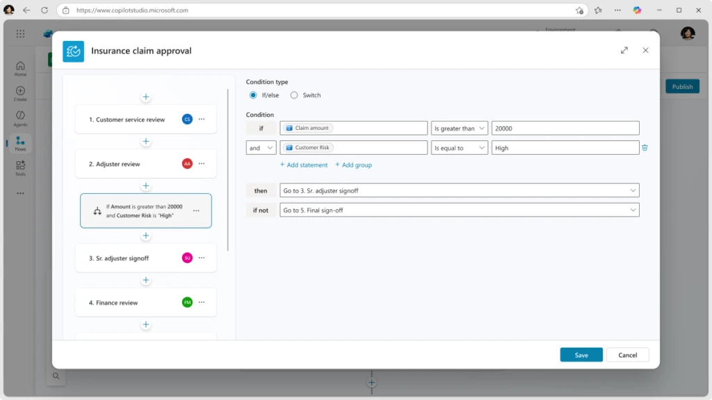 A screenshot of the insurance claim approval flow, showing conditional approval steps