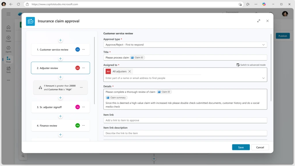 A screenshot of an insurance claim approval flow in Copilot Studio
