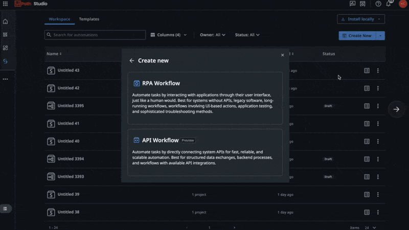 A gif showing the process of setting up a Copilot Studio agent inside UiPath Studio