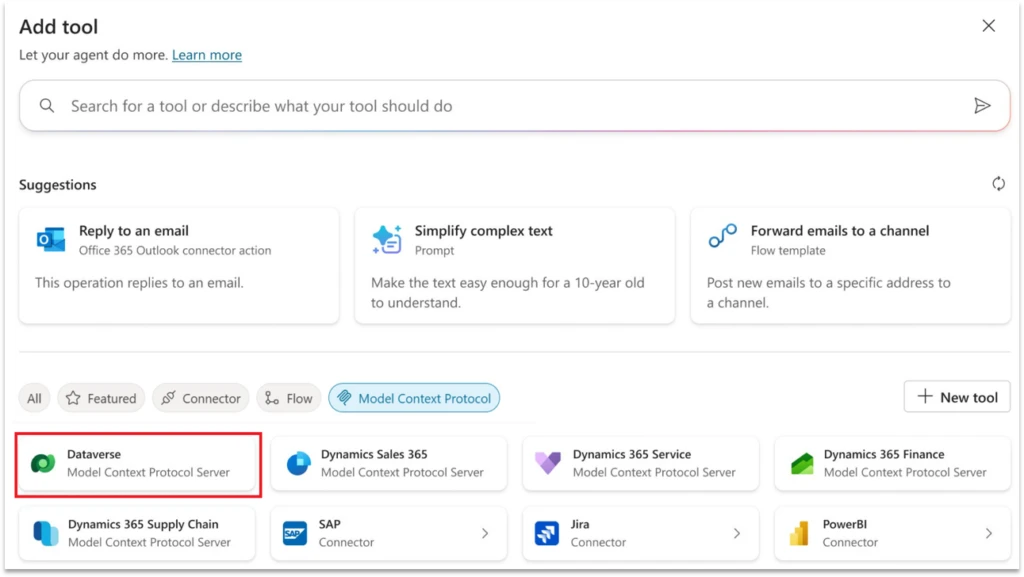 Screenshot of available MCP servers, highlighting the Dataverse MCP server