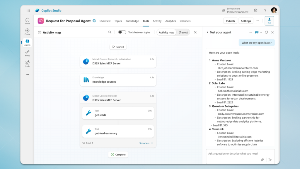 Screenshot of MCP being used in Copilot Studio