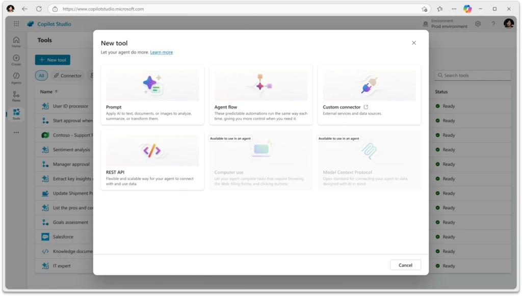Screenshot of the Tools tab in Copilot Studio, using Dataverse