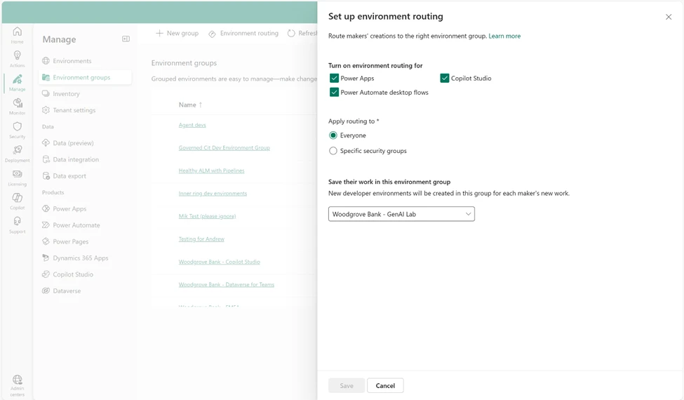 Screenshot of the ability to set up environmental routing