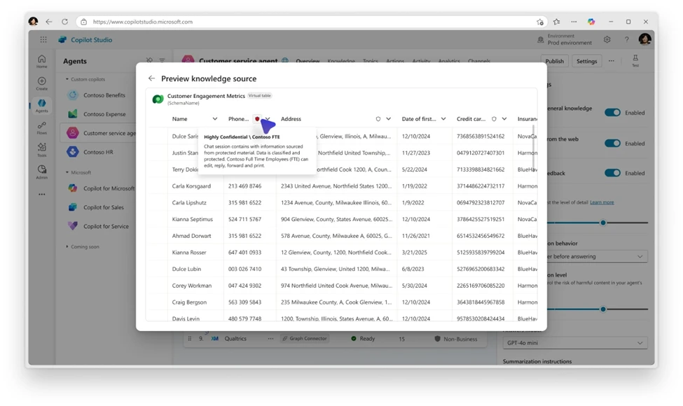 Screenshot of Dataverse table with security levels labeled for each entry