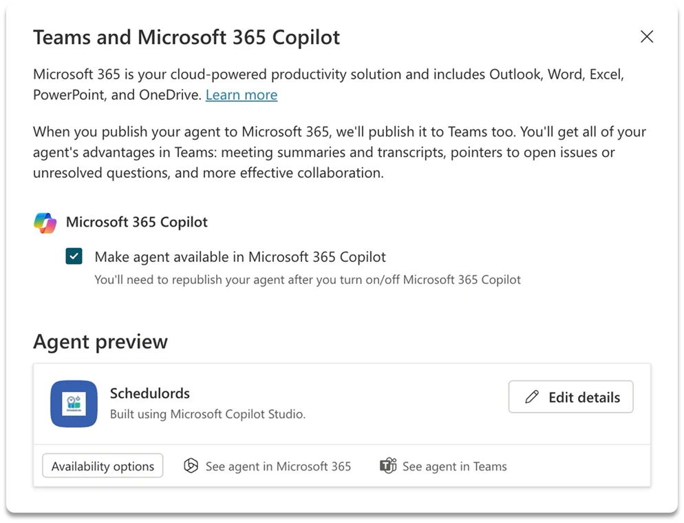 Screenshot of an agent's channel publishing page, showing M365 Copilot checked for publishing