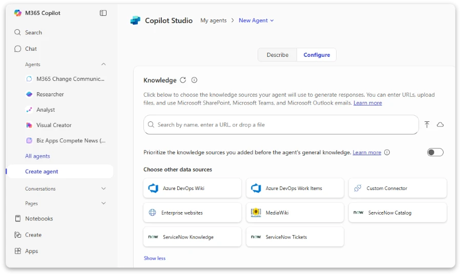 Screenshot of the knowledge section in the Copilot Studio agent builder in Microsoft 365 Copilot 