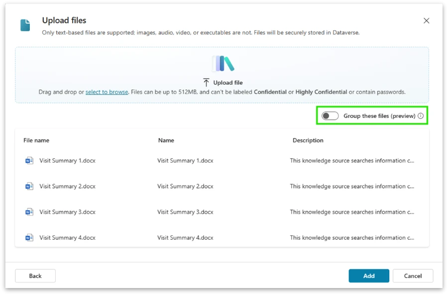 Screenshot of &ldquo;Upload files&rdquo; in the knowledge tab of Copilot Studio with the &ldquo;Group these files&rdquo; toggle highlighted 