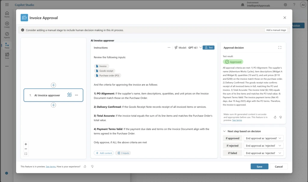 A screenshot showing instructions and follow-up steps for an AI invoice approver