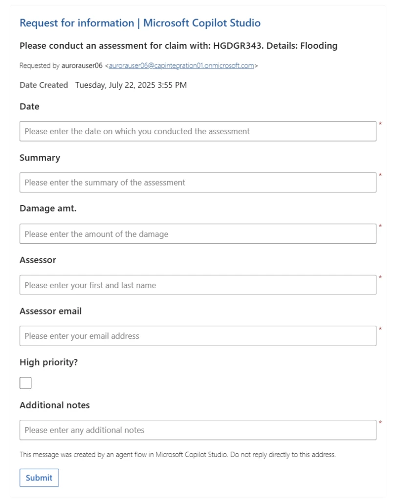 A screenshot of a sample request that is sent to human reviewer in Outlook