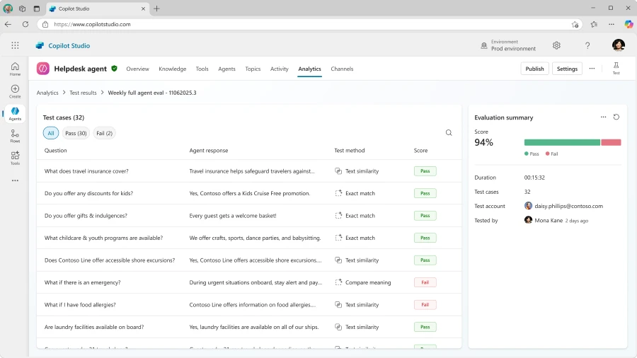 A screenshot of agent evaluations, showing pass/fail results of a test set.
