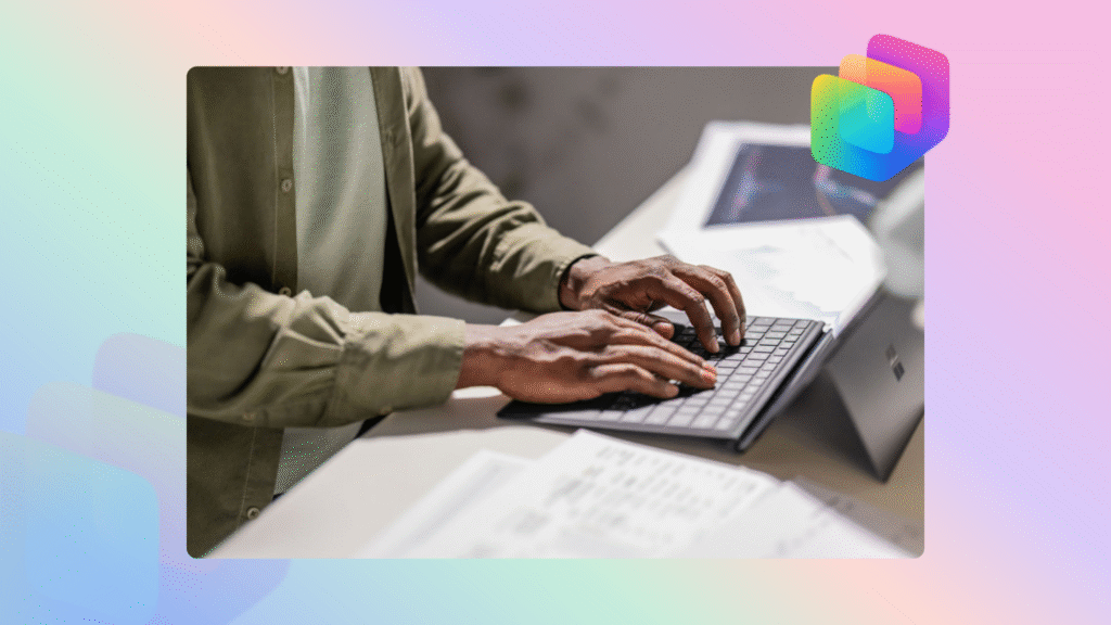human hands typing on a laptop, with Copilot Studio logo in the top right corner