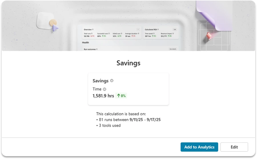 A screenshot of the Savings section for an agent, showing 1,581.9 hours saved between 9/11/25 and 9/18/25.