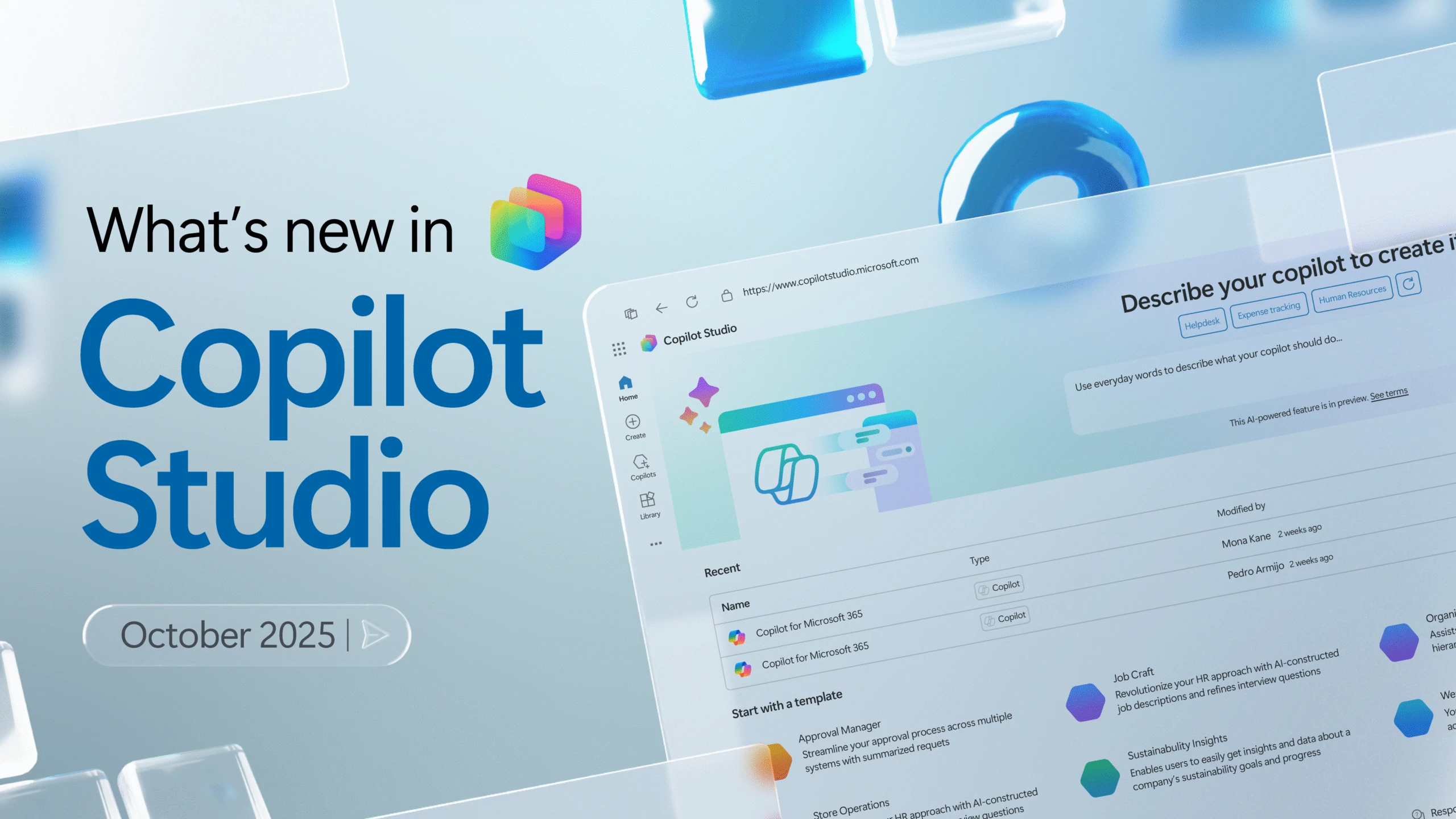 A light blue graphic design background with the following words: Whats new in Copilot Studio: October 2025