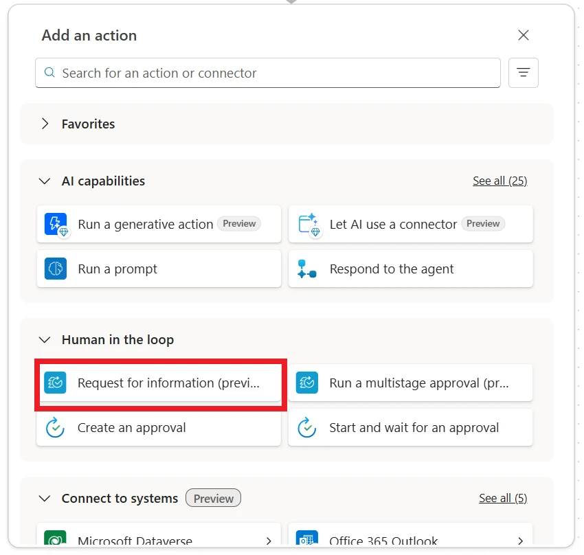 Screenshot showing human-in-the-loop options, highlighting the automated &ldquo;request for information&rdquo; that gets sent to a person for verification