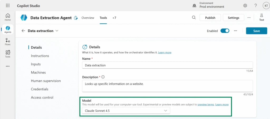 The &ldquo;Details&rdquo; tab in a computer-using agent, highlighting the Model section. The highlighted model is Claude Sonnet 4.5.