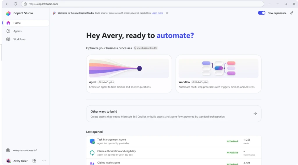 Copilot Studio home page with agent and workflow creation cards, recent projects, and navigation for building AI-powered automations.