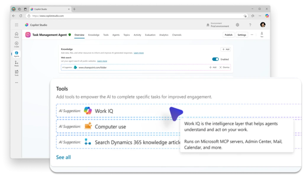 Copilot Studio agent configuration page with AI-suggested tools, highlighting Work IQ as a recommended tool for accessing workplace knowledge and business data.