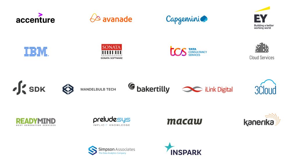 Image shows 18 different partner logos including Accenture, Capgemini, Avanade, IBM, Cloud Services, iLink Digital, Sonata, TCS TaTa Consultancy Services, SDK, Mandelbulb Technologies, Bakertilly, 3Cloud, ReadyMind, Macaw, PreludeSys, Kanerika, Simpson Associates, and InSpark. 