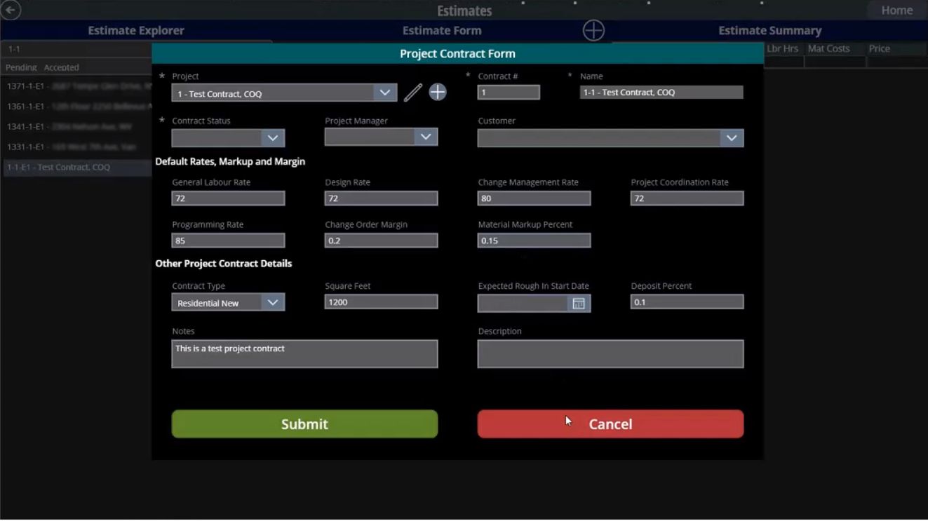 Work order estimator app screenshot