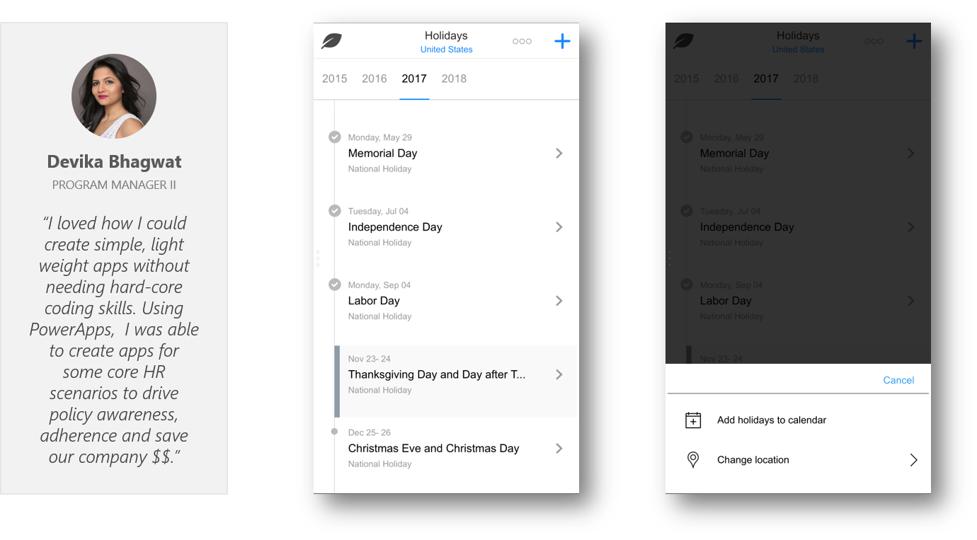 Screenshots of Microsoft Thrive Holidays app