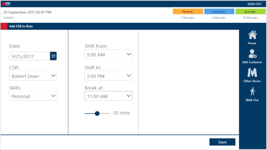 Screenshot from greeter app - shift management screen