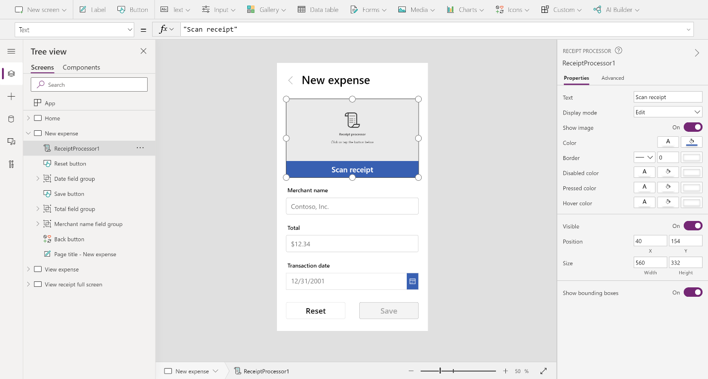 Receipt processor component in Power Apps