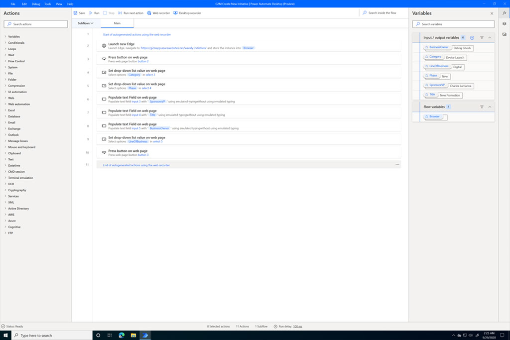 The Power Automate Desktop UI showing recorded click-steps from the Sprint G2M legacy web app.
