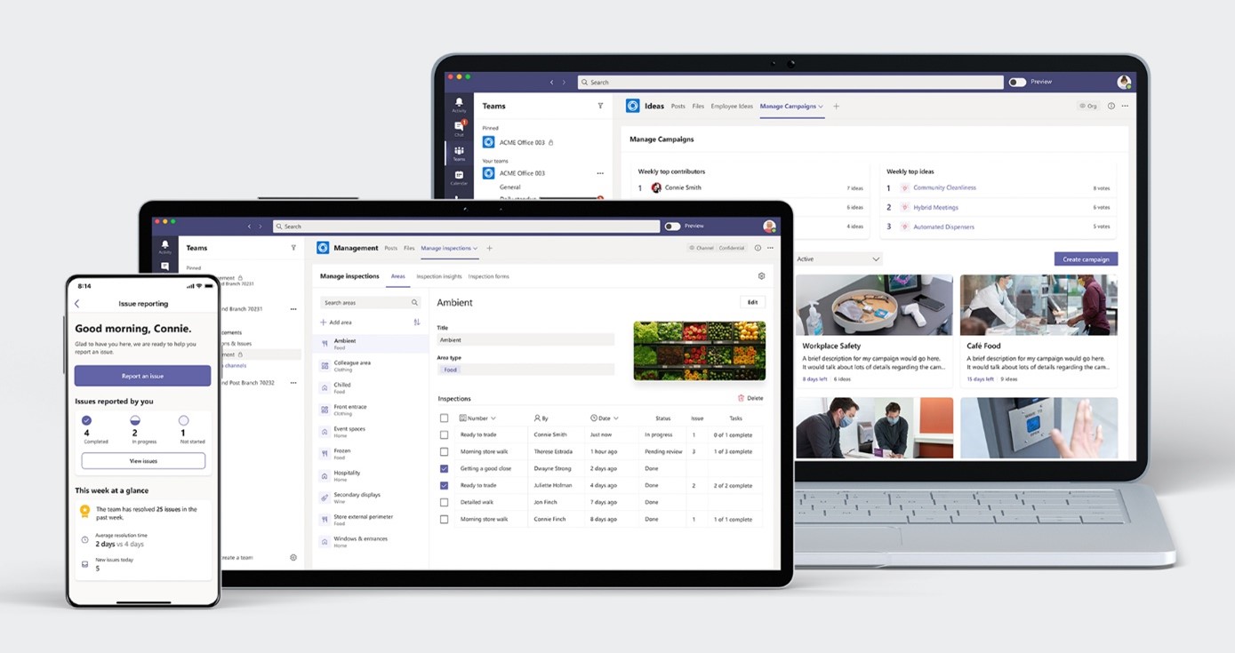 A cell phone, tablet, and computer showing Microsoft Dataverse for Team pre-build templates