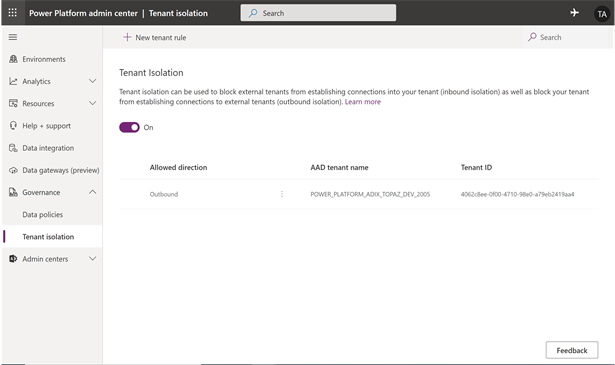 New Power Platform admin center functionality depicting tenant isolation configuration.