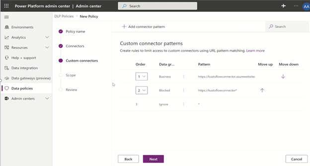 New data loss prevention policy configuration in the Power Platform admin center.