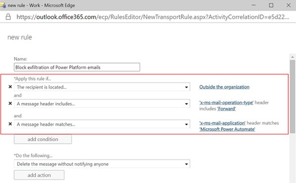 Email exfiltration controls configuration depicted in Office 365 admin center.