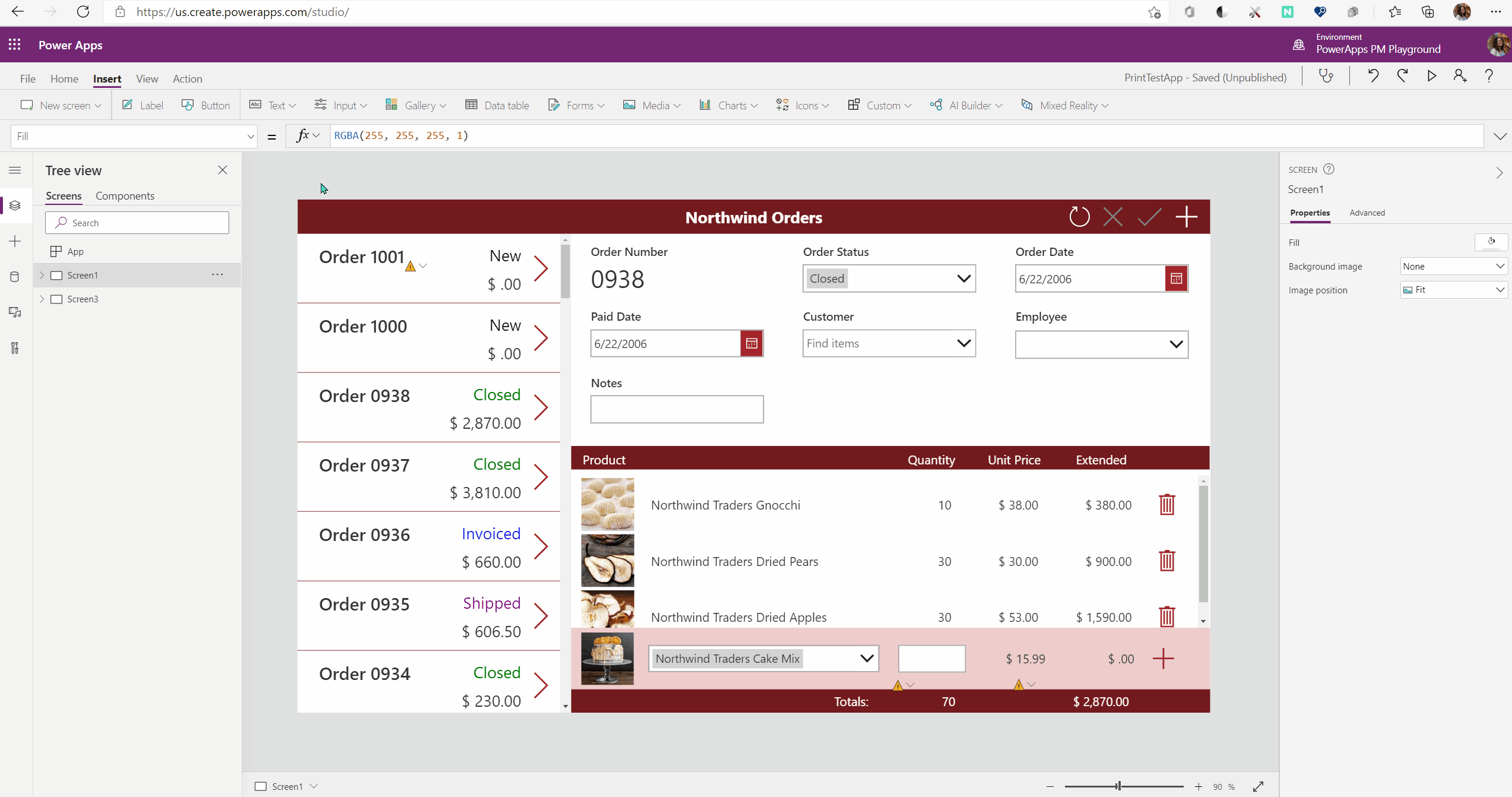 Power Apps editor showing adding an icon and the print function, and printing