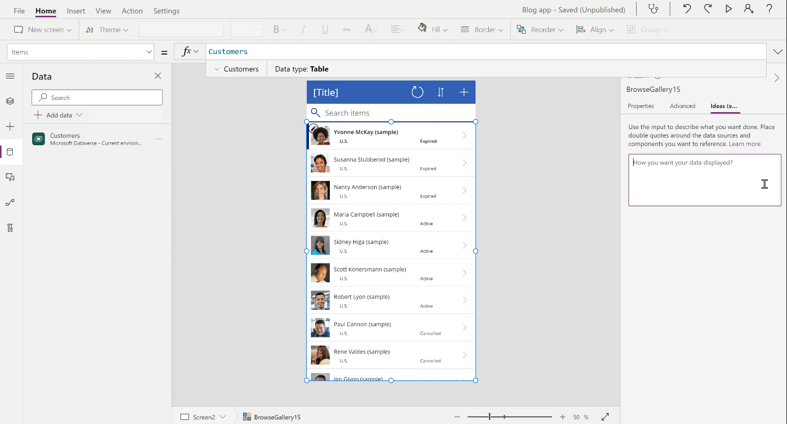PowerApps can automatically generate Power Fx formulas based on natural language input