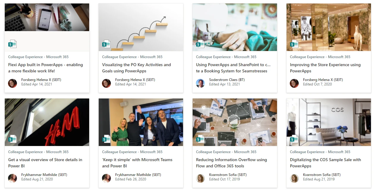 Screenshot of internal H&M SharePoint site highlighting several stories of apps built by citizen developers.