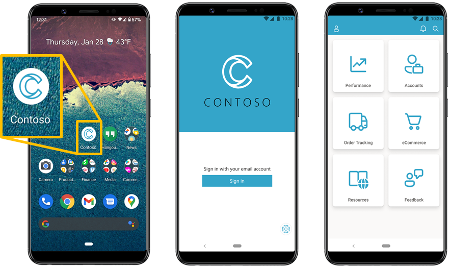 Three screens from a mobile app showing launching a branded app in Power Apps
