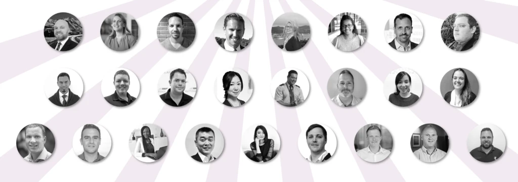 A wide banner with the headshots of each champion represented in this blog post, cropped to a circular shape.