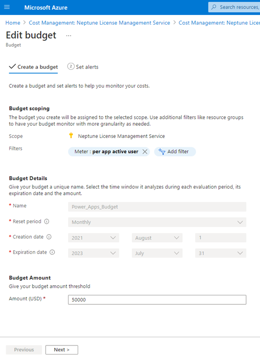 Graphic showing a screenshot of how budgets for individual Azure meters (including the Power Platform Azure meters) can be setup in Azure Cost Management.
