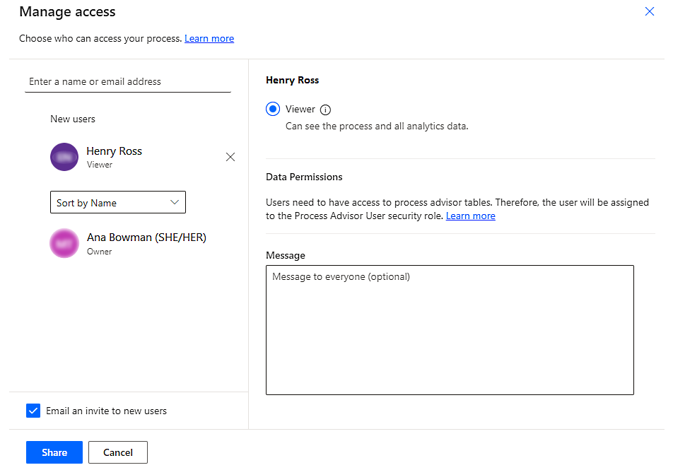 Sharing panel with viewer role.