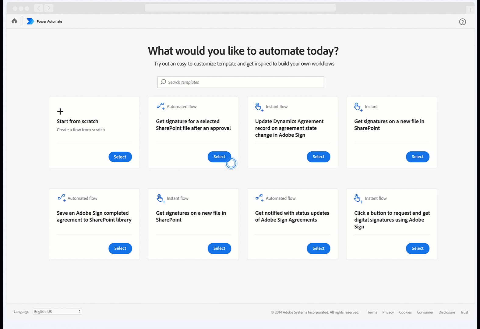 Adobe workflow creation experience in Adobe Sign showing Power Automate cloud flow templates.