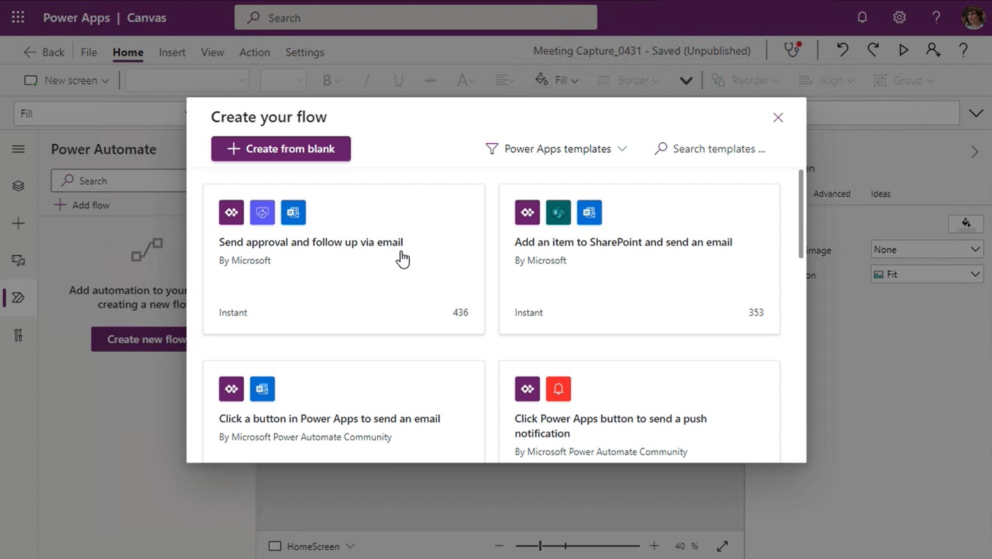 Create your flow screen popup in Power Apps canvas studio showing templates for cloud flows.