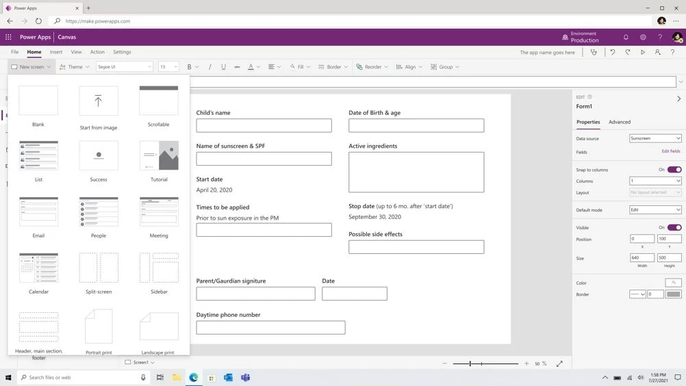 Microsoft Power Apps&rsquo; express design options in the canvas app drop down menu.