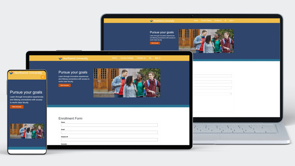 Power Pages site being displayed on a mobile, tablet and laptop to show responsive capabilities.