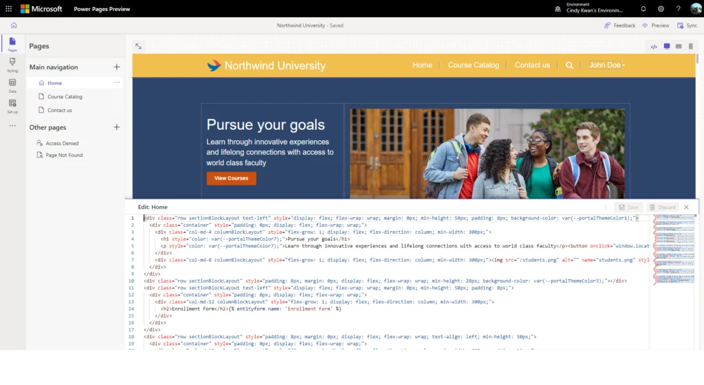 Design studio page showing the code editor turned on and the source code of the page.