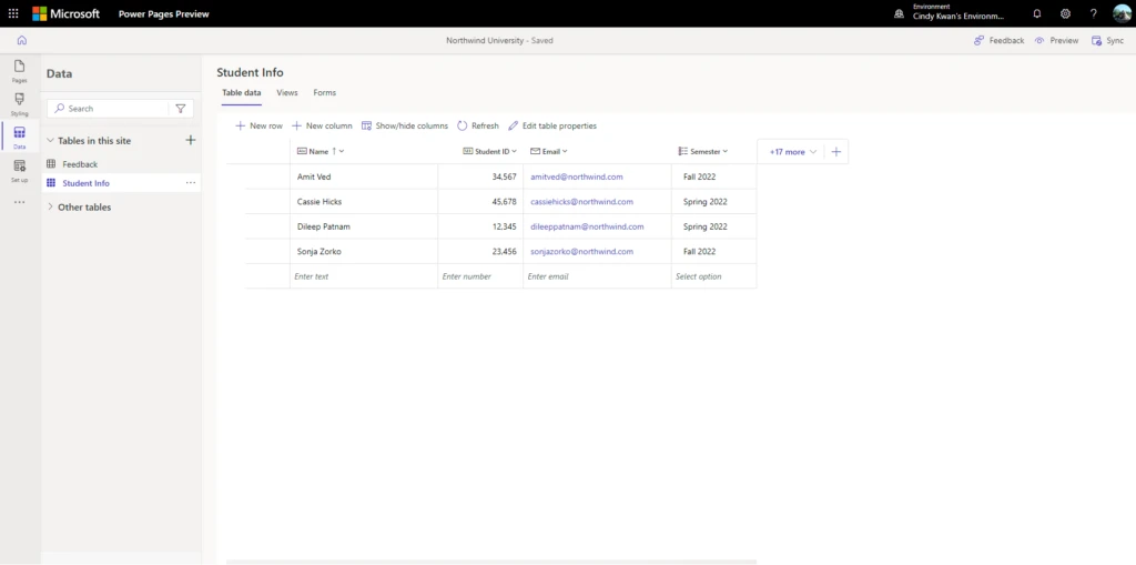 Data workspace showing editing of data within a table.
