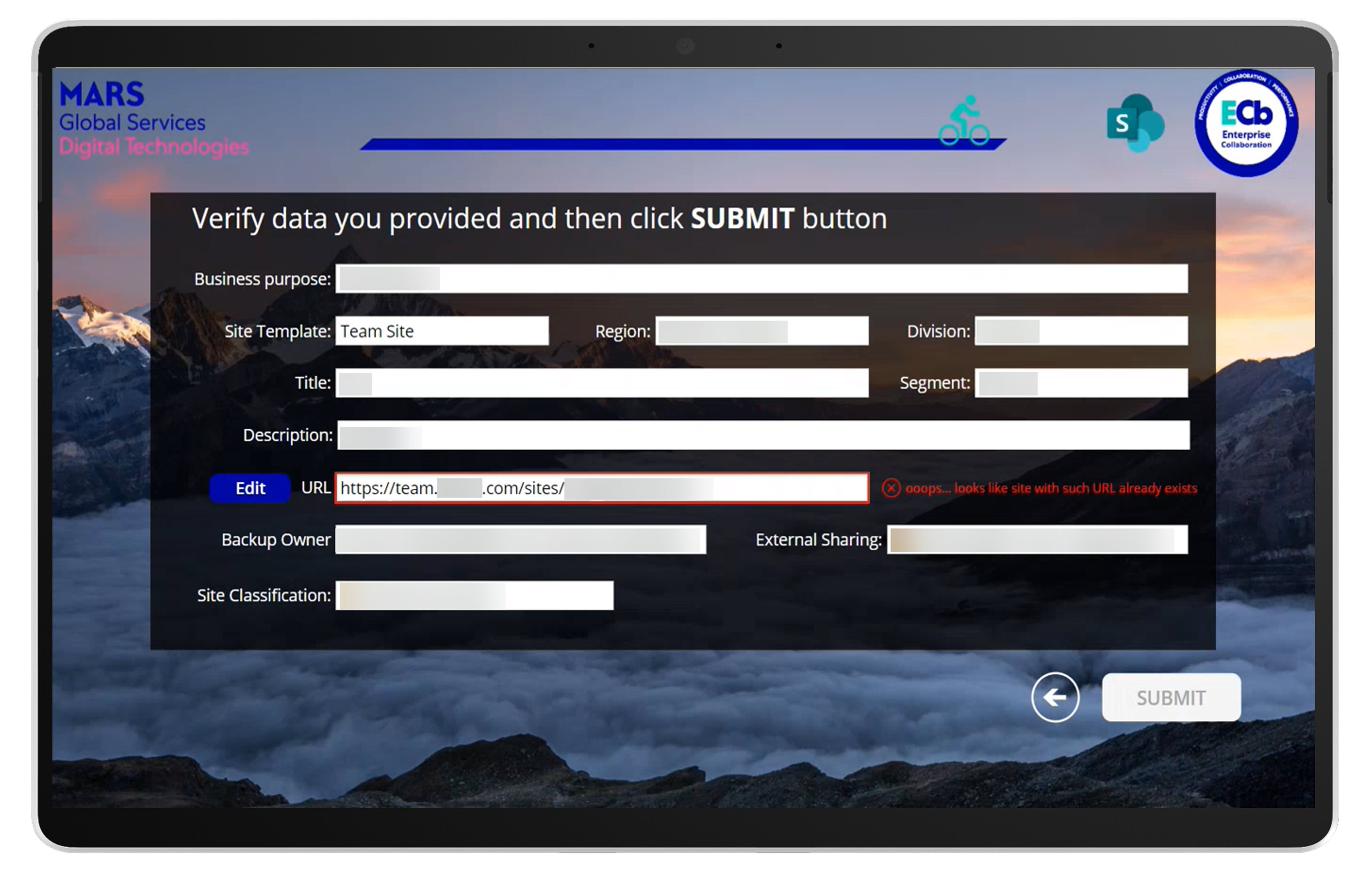 User confirms details and provides a new site URL if it already exists prior to submitting their new SharePoint Site request from the canvas app.