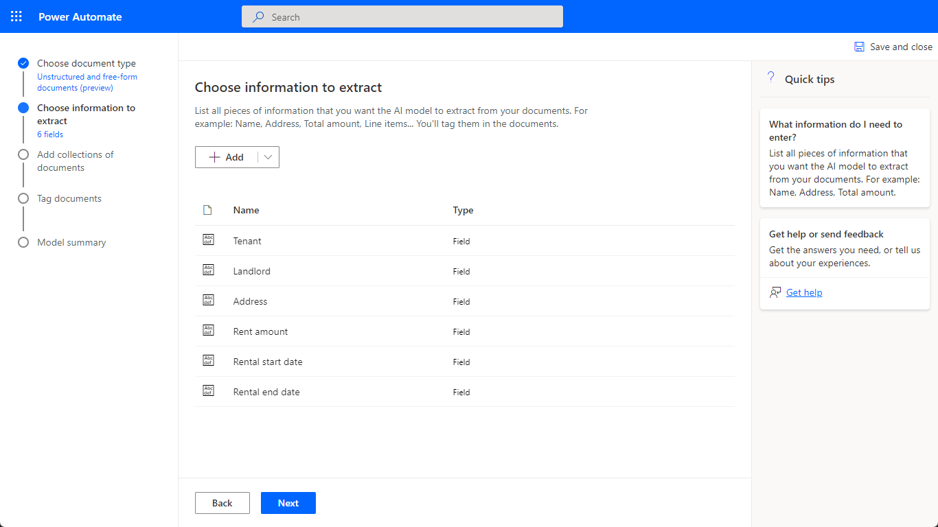 Screenshot of the training wizard step where to define the information to extract