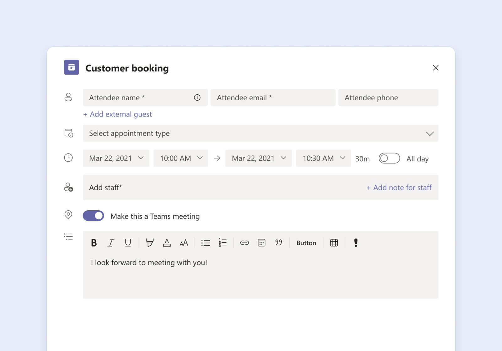 Control experience when creating an external meeting