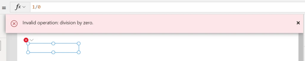 An error banner shows "division by zero" and the control is shown to be in an error state.