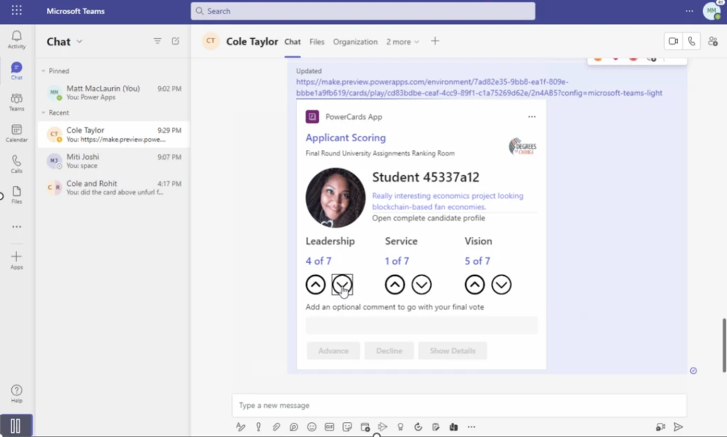 Cards can be easily shared in Teams