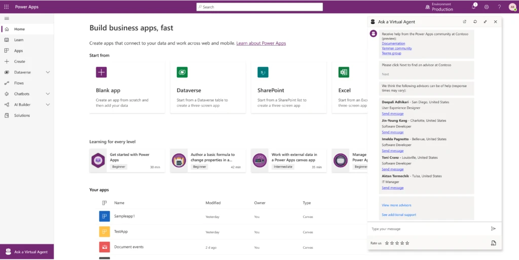 Showing the new virtual agent on the right of a Power Apps studio. Virtual agent shows makers within the user's organization.